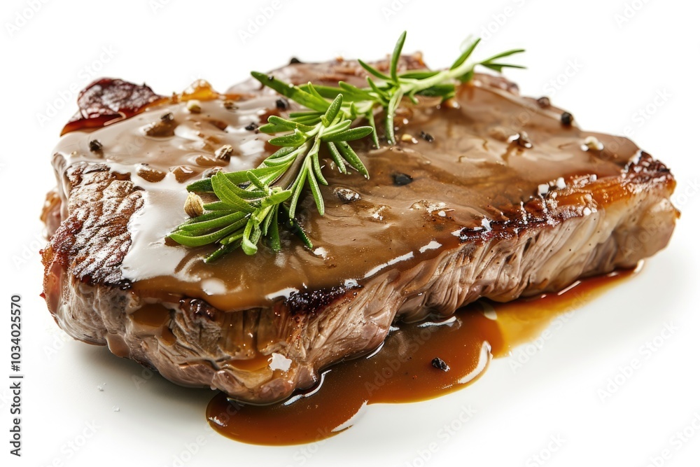 Poster A piece of grilled steak served with rich rosemary gravy