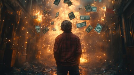 A young man stands in a vibrant fantasy world filled with flying cash prizes and gifts, expressing awe at the magical surroundings and unexpected abundance