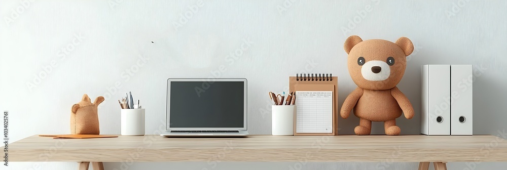 Poster Minimalist desk setup with a laptop and planner suggesting a productive and organized workday  This image conveys the concept of efficiency focus