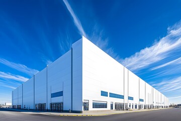 Obraz premium A large white industrial building with loading docks under a blue sky with clouds.