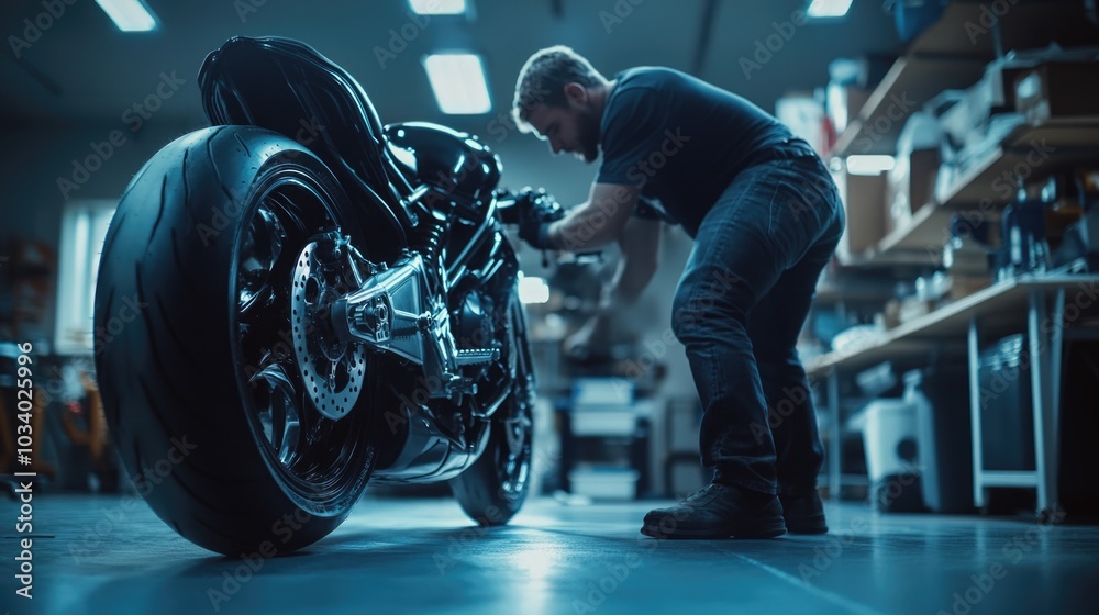 Poster a person tinkers with a bike in a home workshop setting