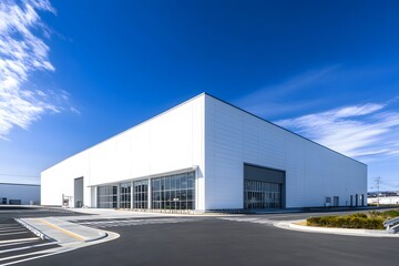Modern White Warehouse Building with Large Glass Windows and a Blue Sky