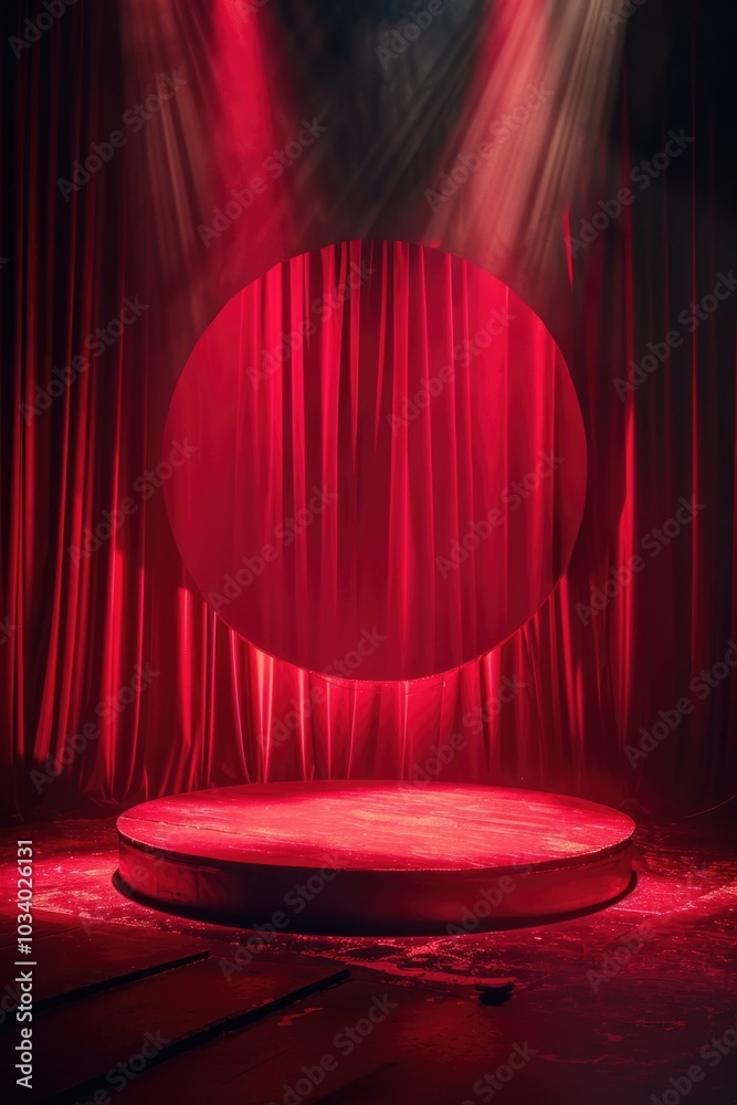 Poster a stage with red curtains and a circular light, suitable for concerts or performances