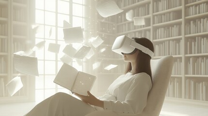 A person immerses in an interactive learning environment with a virtual reality headset, exploring floating digital elements in a modern educational space