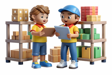 Kids Coordinating Toy Distribution Center: Two Organized Children Collaborate with Shelves and Maps in Candid Scene Showcasing Teamwork and Coordination Skills in a Fun Environment