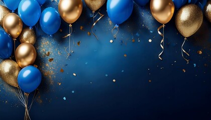 birthday party balloons celebration background with golden blue confetti and blue balloons on dark blue background banner high quality photo