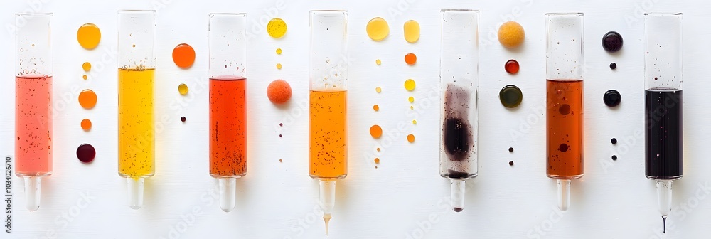 Poster neatly organized medical test tubes filled with multicolored liquid solutions precisely arranged for