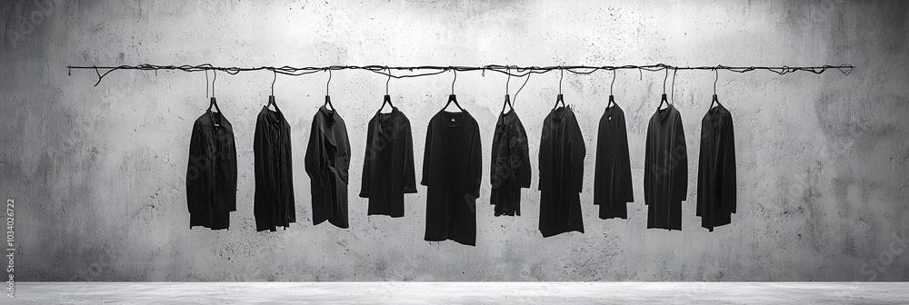 Poster Neatly organized and symmetrically aligned hangers displaying a collection of monochrome outfits in a sleek minimalist studio setting  The clean modern aesthetic showcases the focus on fashion design