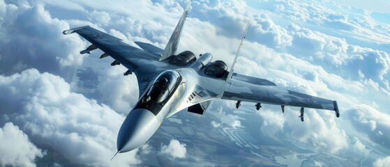 A Russian fighter jet soars upward in a cloudy sky, showcasing its power and freedom. The scene conveys grandeur and adventure through its dramatic depiction.