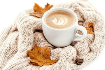 A warm cup of coffee sits on a colorful knitted blanket