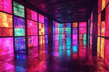 A room filled with colorful lights on the walls, ideal for parties or events