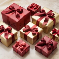 Obraz premium Luxurious collection of festive red and gold gift boxes wrapped with elegant satin ribbons for holiday celebration and giving.