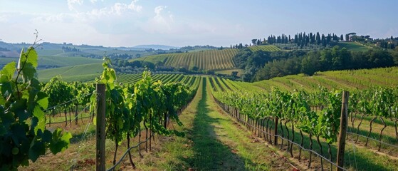 Fototapeta premium Scenic vineyard with rolling hills, grapevines, and trees under a blue sky. Serene and rural, reminiscent of Italy's countryside.