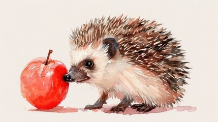 Obraz premium A close-up of a hedgehog's face sniffing an apple on a white surface