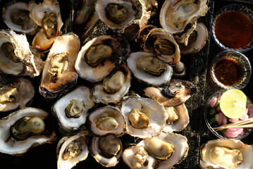 Grilled oysters - Close up detail of grilled oysters ready to eat