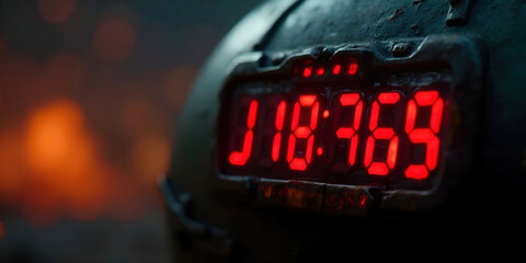 Close-up of a bomb with a detonation timer countdown, showcasing intricate details and tension. Ideal for themes of suspense, action, and cinematic storytelling in film and photography.