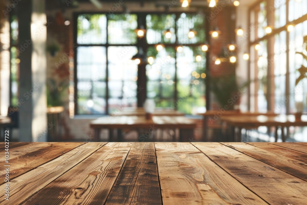 Poster a wooden table placed in front of a large window, perfect for a cozy reading nook or office setup