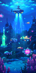 Pixel Art Underwater Scene with Alien UFO Abduction