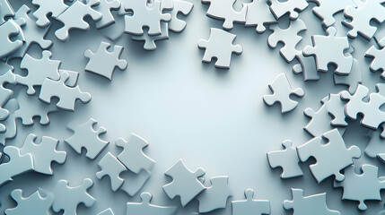 3D Plain Puzzle Pieces on Glossy White Surface - Overhead Shot with Copy Space for ESG Business Collaboration and Problem Solving Concepts