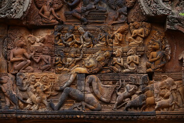 Beautiful pink sandstone castle Angkor Banteay Srei Temple near Siem Reap, Cambodia 