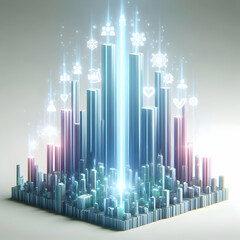 3D Glowing Community Support Pillars Concept - Holographic Beams Converging to a Thriving Cityscape with Copy Space on a White Background