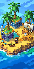 Fototapeta premium Pixelated Tropical Island Adventure with Treasure and Palms in Vibrant Ocean