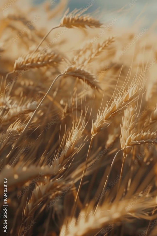 Poster a detailed view of a field of wheat in full bloom