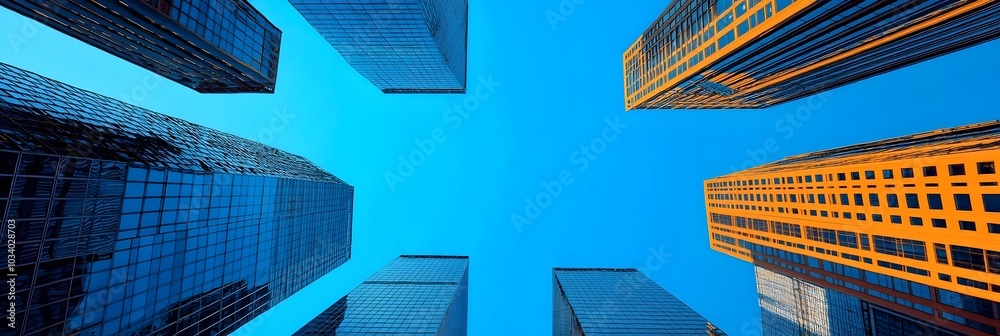 Poster reflecting glass skyscrapers showcasing the architectural density and modern design of an urban city