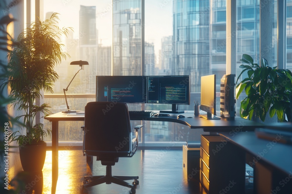 Aufkleber A modern office setup featuring a desk with two computer monitors and a small potted plant