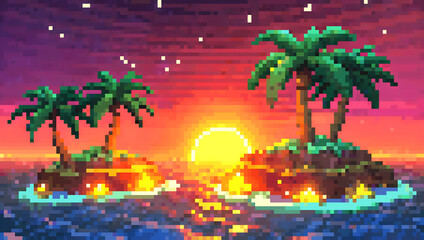 Obraz premium Pixel Art Tropical Islands at Sunset with Vibrant Sky and Palms