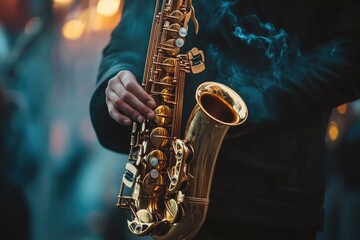 A musician plays saxophone while exhaling smoke, great for music or art-related projects