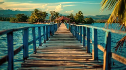 Obraz premium A wooden bridge crossing over a body of water