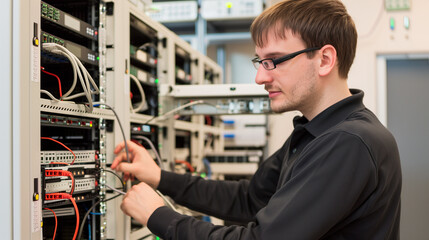 Technician in modern office maintaining network server, surrounded by cables and routers, showcasing focus and professionalism in IT infrastructure management.
