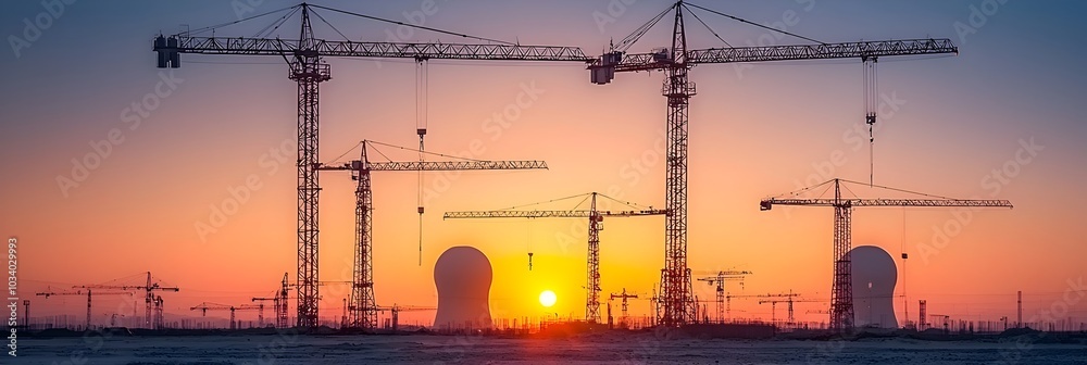 Poster silhouetted cranes and scaffolding at a new construction site highlighting the progress and moderniz