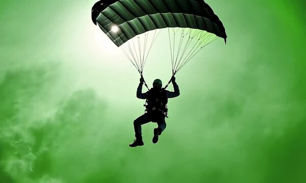 Silhouette of a skydiver with a parachute against a green screen