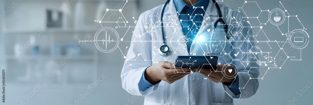 Poster Sleek and Innovative Healthcare App Interface Projected on the Screen of a Modern Tablet Device Showcasing a Futuristic Digital Medical Technology