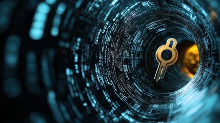 A keyhole surrounded by swirling digital codes, representing cybersecurity and secure access control