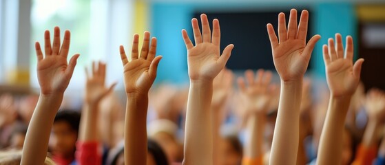 A close-up of multiple students' hands, varied in age and ethnicity, raised confidently in a classroom setting, indicating their readiness to answer or ask questions