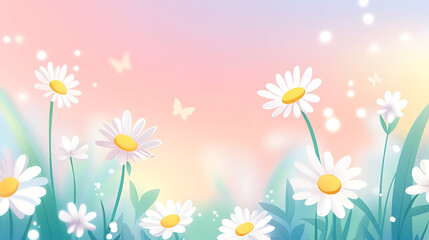 Obraz premium Whimsical daisy themed garden background featuring soft pastel colors, delicate butterflies, and dreamy atmosphere. Perfect for springtime designs and cheerful projects