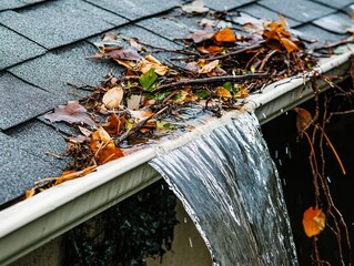 Gutter with leaves on roof of house