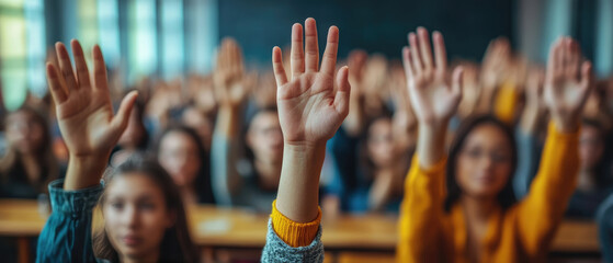 A close-up of multiple students' hands, varied in age and ethnicity, raised confidently in a classroom setting