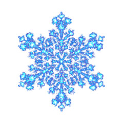 Blue glowing transparent snowflake, isolated icon. Merry Christmas and Happy New Year. Simple neon light. Shining winter, xmas lamp. Fluorescent, luminescent illumination. Png illustration.