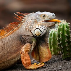 Naklejka premium land iguana eating cactus