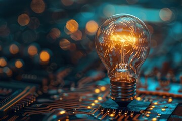 Light bulb in middle with glowing core and circuit board background technology futuristic innovative.