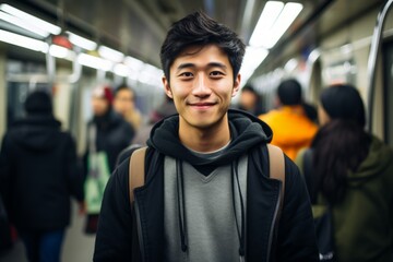 Fototapeta premium Portrait of a content asian man in his 20s dressed in a comfy fleece pullover on bustling city subway background