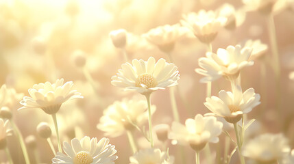 Obraz premium serene and dreamy scene featuring delicate daisies bathed in soft light, creating tranquil atmosphere. gentle hues evoke sense of peace and joy