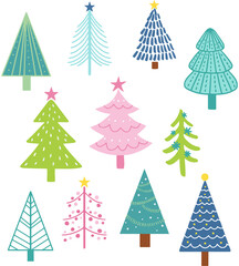 Set of colorful Christmas tree illustrations