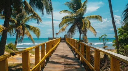A wooden bridge leads to a sunny beach surrounded by palm trees, perfect for a relaxing getaway