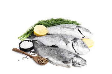 Sea food. Different types of fresh fish with spices isolated on white