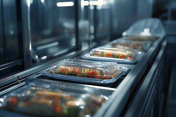 A conveyor belt with packaged food trays in a commercial kitchen or food processing facility.